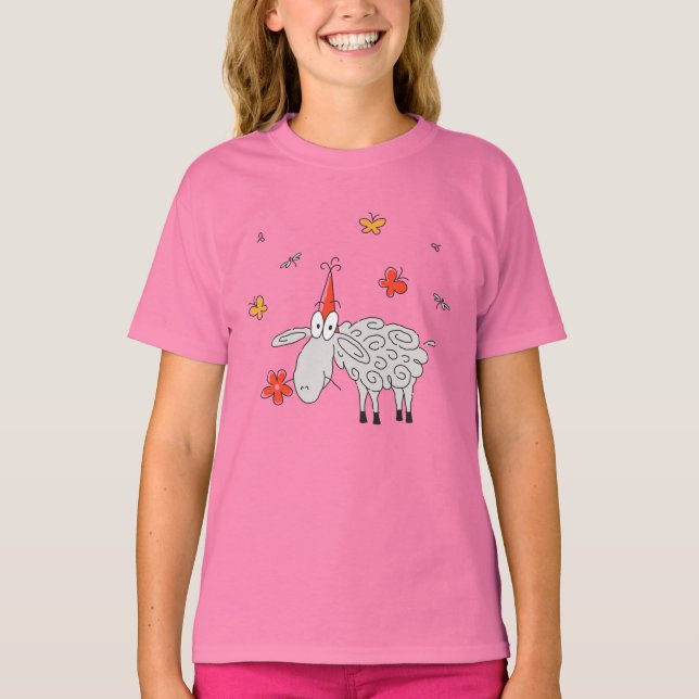 Funny Cute Cartoon Sheep Flower Butterfly Girl T-Shirt (Front)