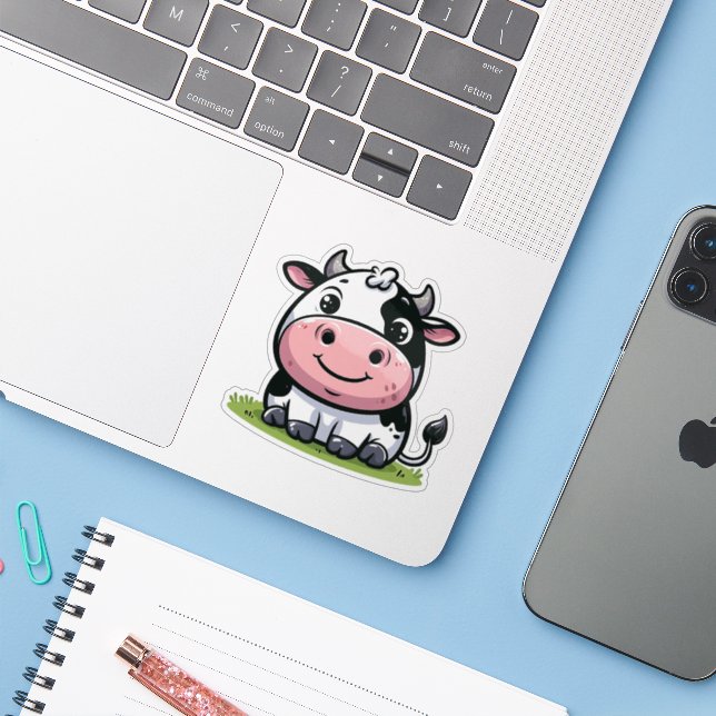 Funny Cute Cartoon Sweet Classic Round Animal Cow  Sticker (Laptop w/ iPhone)