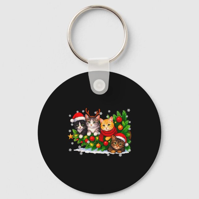 Funny Cute Cat Crew Santa Hat Christmas Xmas Women Keychain (Front)