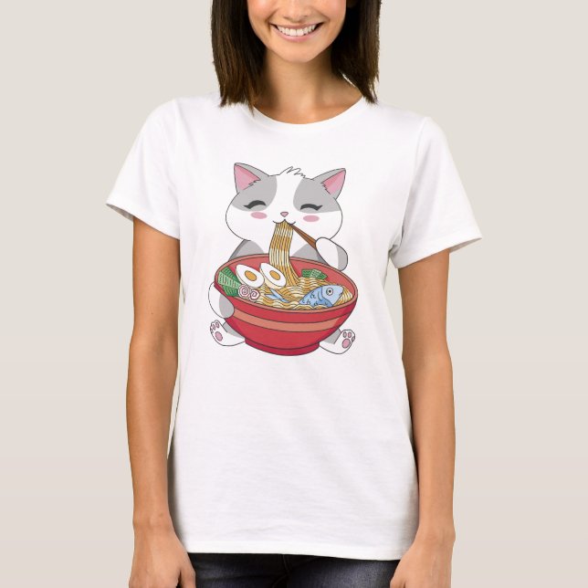 Funny Cute Cat Eating Ramen T-Shirt (Front)