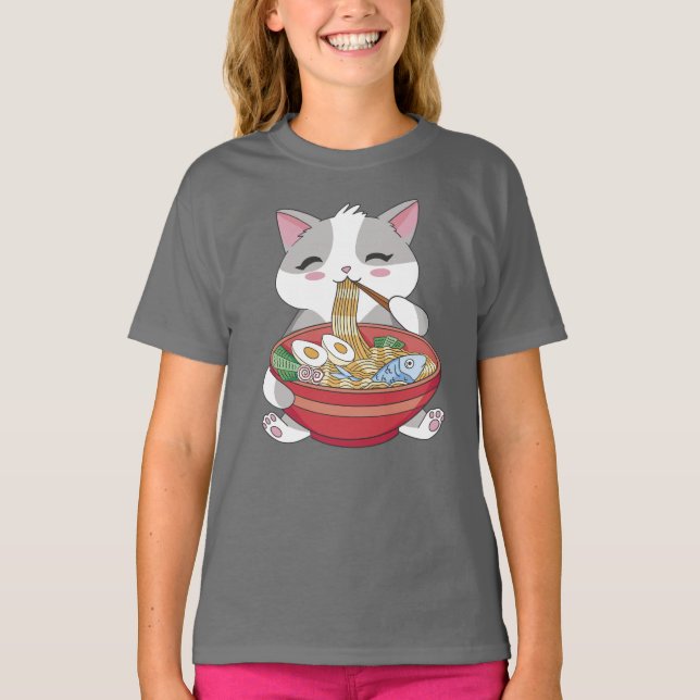 Funny Cute Cat Eating Ramen T-Shirt (Front)