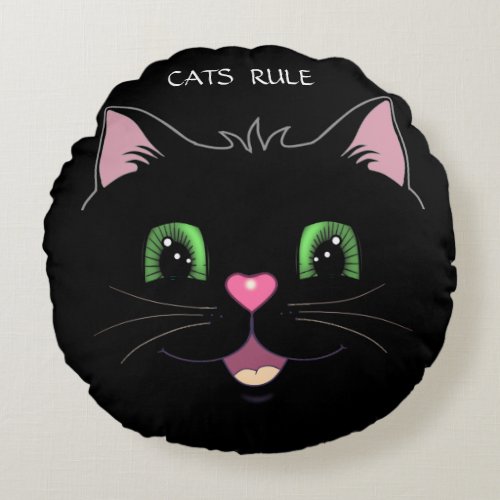 Funny cute cat face on black round pillow