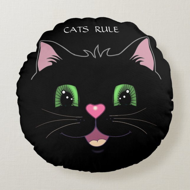 Funny cute cat face on black round pillow (Front)