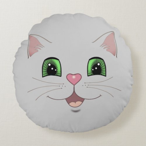 Funny cute cat face on silver gray round pillow