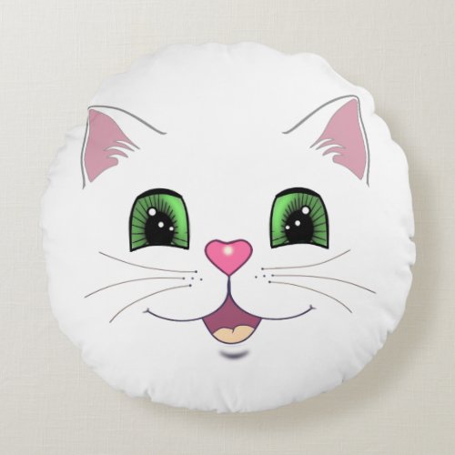 Funny cute cat face on white round pillow