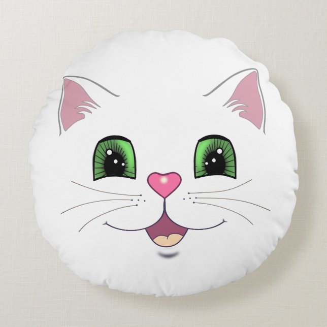 Funny cute cat face on white round pillow (Front)