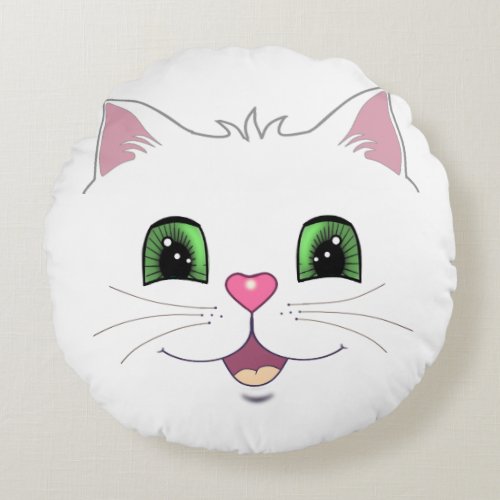 Funny cute cat face on white round pillow