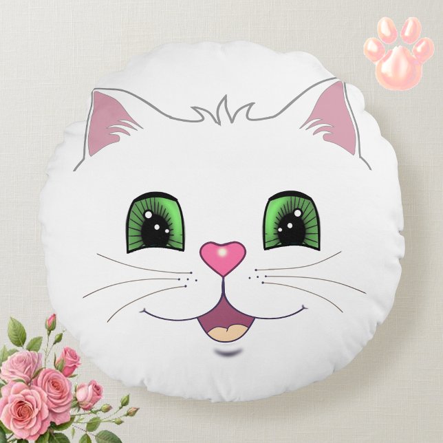 Funny cute cat face on white round pillow (Creator Uploaded)