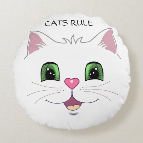 Funny cute cat face on white round pillow