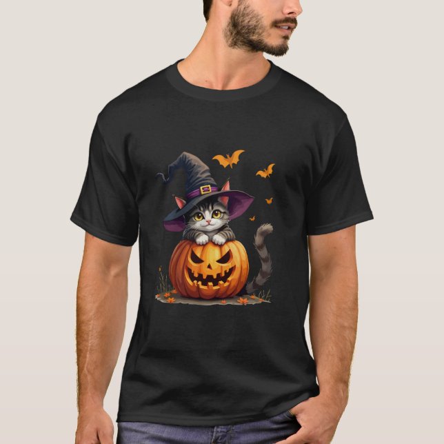 Funny Cute Cat in Pumpkin Halloween Witch Cats Lov T-Shirt (Front)