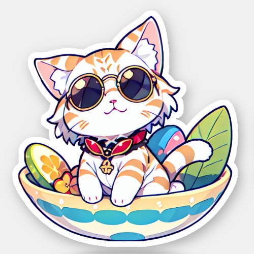 Funny cute cat in sunglasses with happy emotion sticker