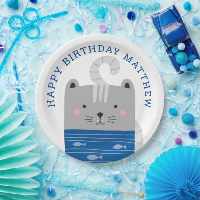 Funny cute cat. Kids / baby boy animal birthday Paper Plates (Party)
