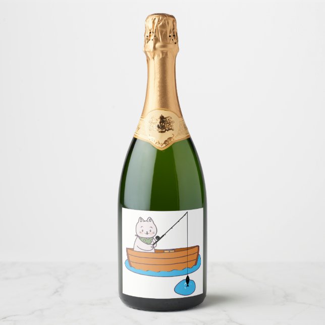 Funny Cute Cat Kitten With Fishing Rod Sparkling Wine Label (Front)