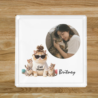 Funny Cute Cat Mama Kittens Photo Acrylic Tray