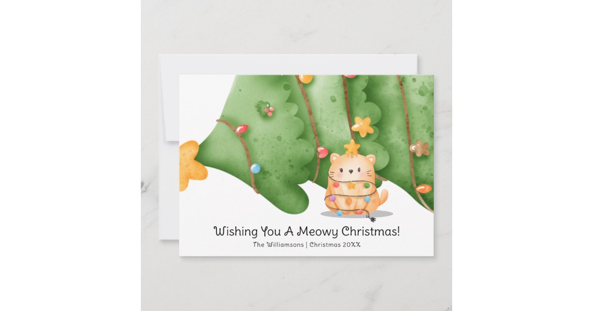Funny Cute Cat Meowy Christmas Tree Watercolor Holiday Card | Zazzle