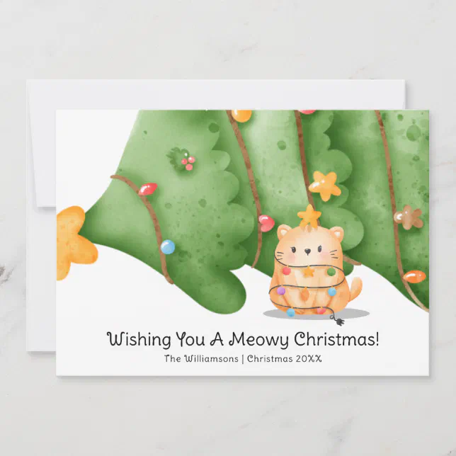 Funny Cute Cat Meowy Christmas Tree Watercolor Holiday Card | Zazzle