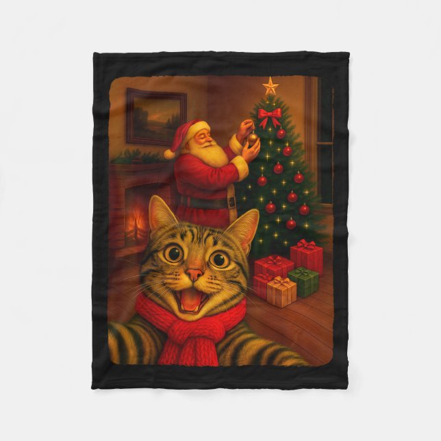 Funny Cute Cat Selfie With Santa Christmas Xmas Wo Fleece Blanket (Front)