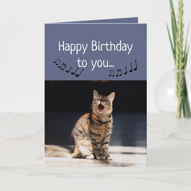 Funny Cute Cat Singing Happy Birthday Card (Front)