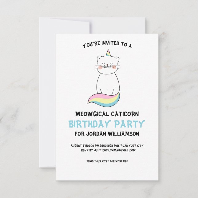 Funny Cute Cat Unicorn Birthday Party Invitation (Front)