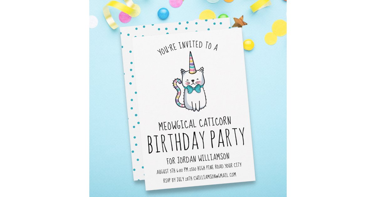 Funny Cute Cat Unicorn Birthday Party Invitation | Zazzle