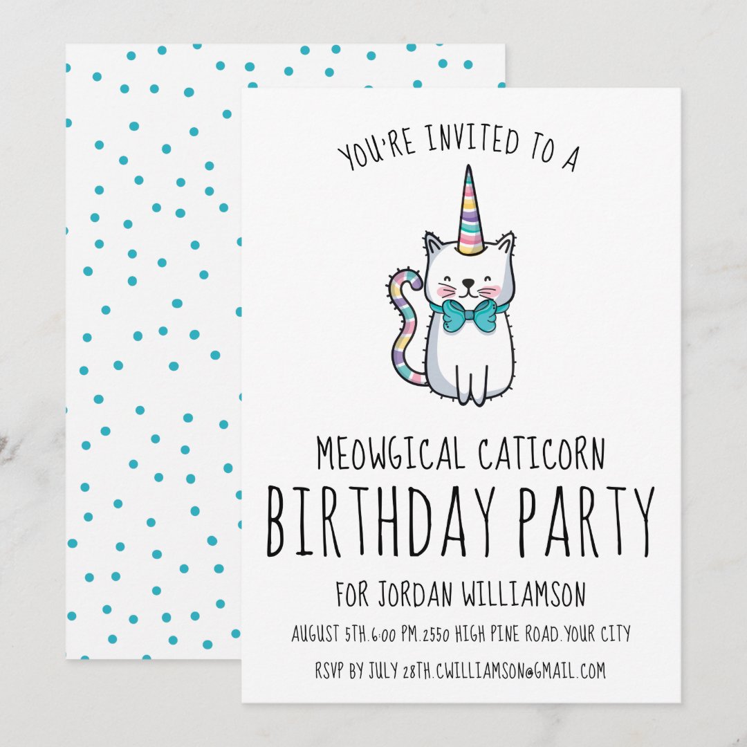 Funny Cute Cat Unicorn Birthday Party Invitation | Zazzle