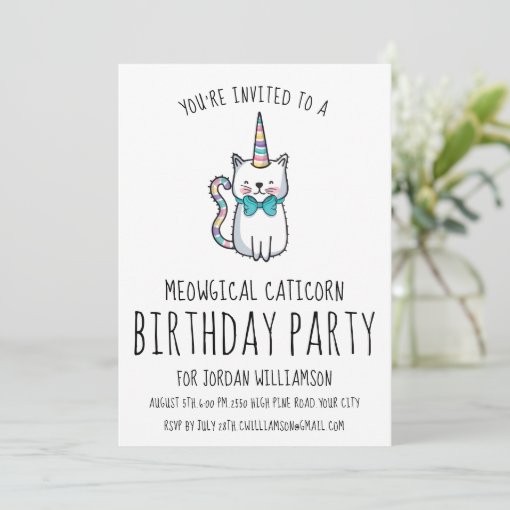 Funny Cute Cat Unicorn Birthday Party Invitation | Zazzle