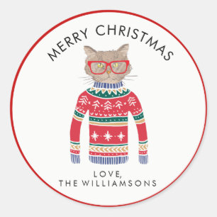 Funny Cute Cat Wearing Ugly Christmas Sweater Classic Round Sticker