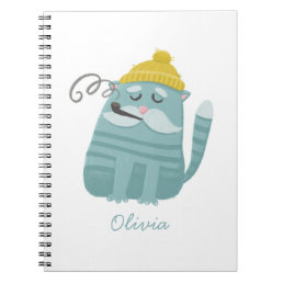 Funny cute cat. Winter blue cartoon humor animal Notebook