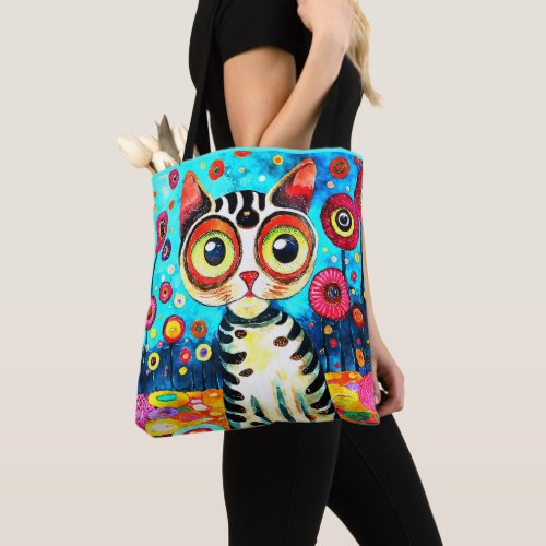 FUNNY CUTE CAT WITH BIG EYES ABSTRACT DESIGN TOTE BAG
