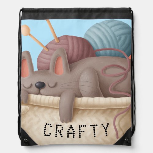 Funny Cute Cat  Yarn Knitting Basket Crafty Drawstring Bag