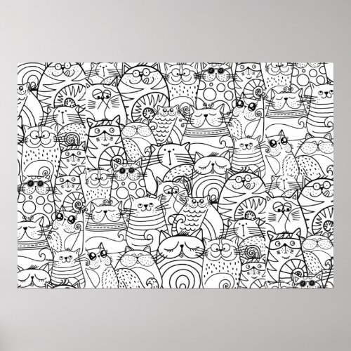 Funny Cute Cats Doodle Relaxing Party Coloring Art Poster