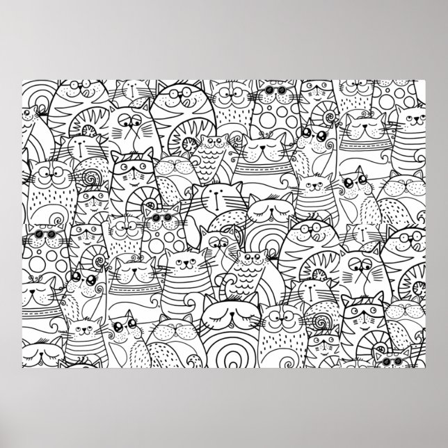 Funny Cute Cats Doodle Relaxing Party Coloring Art Poster (Front)