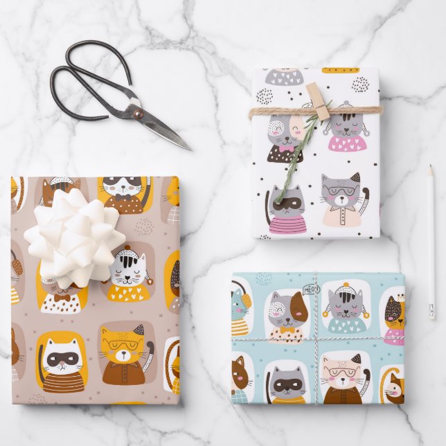 Funny Cute Cats Wrapping Paper Set of 3 (Front)