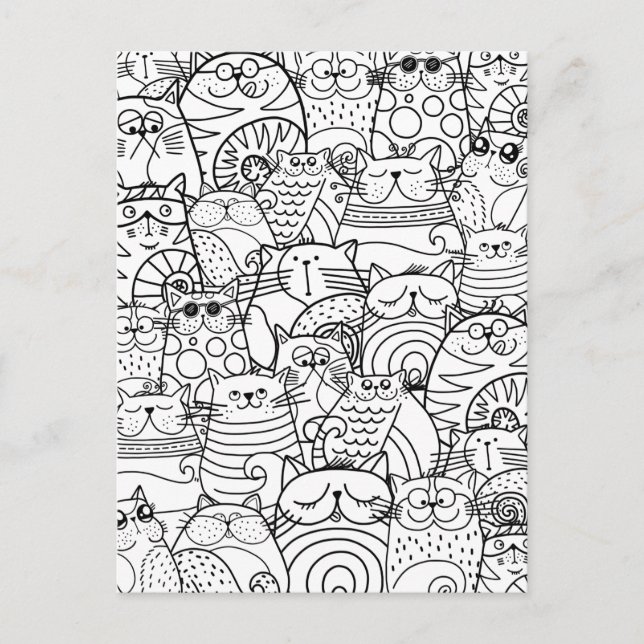 Funny Cute Cats Zen Doodle Relaxing Adult Coloring Postcard (Front)