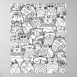Funny Cute Cats Zen Doodle Relaxing Adult Coloring Poster