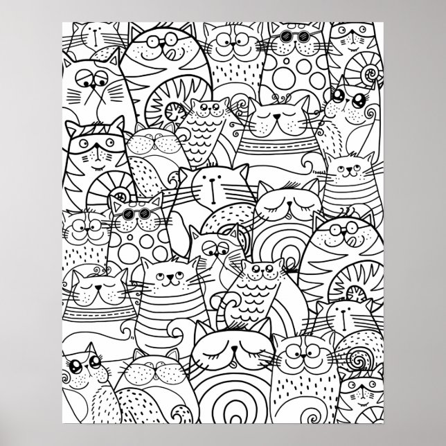 Funny Cute Cats Zen Doodle Relaxing Adult Coloring Poster (Front)