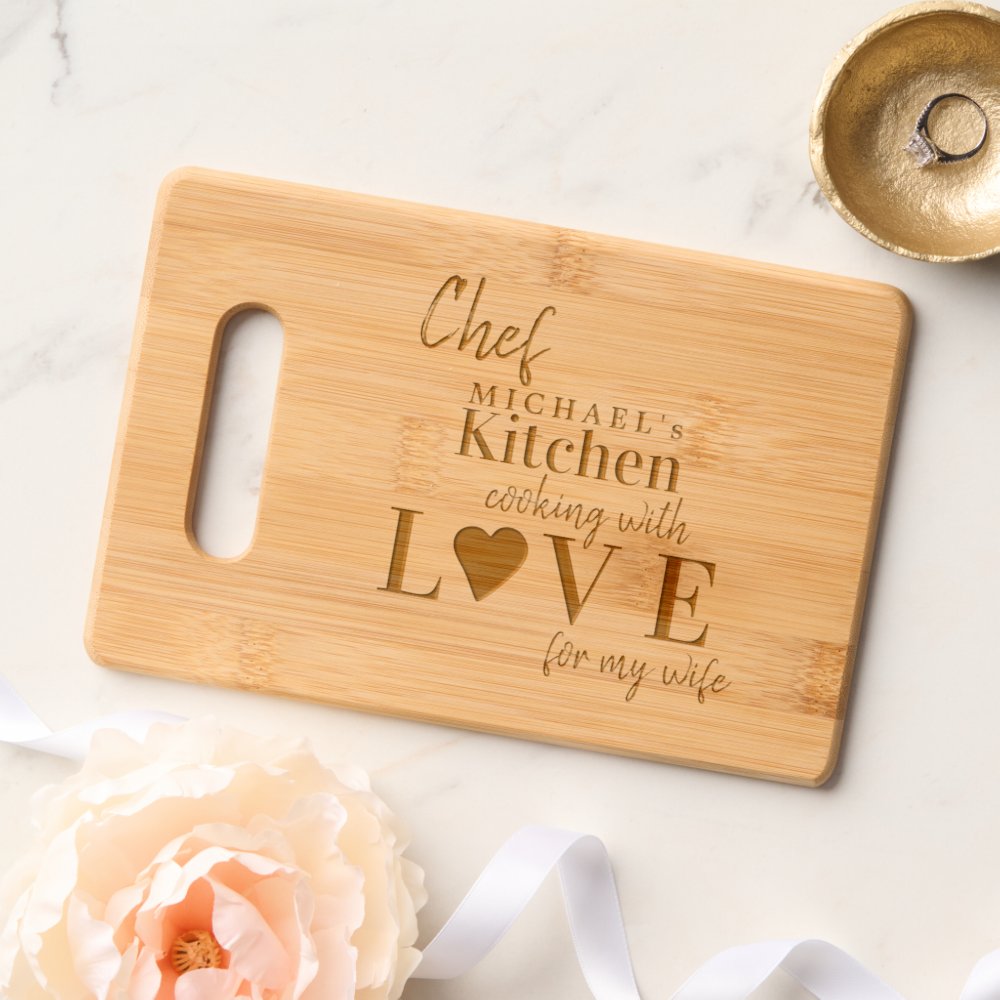 Disover Funny cute chef cooking with love custom name cutting board