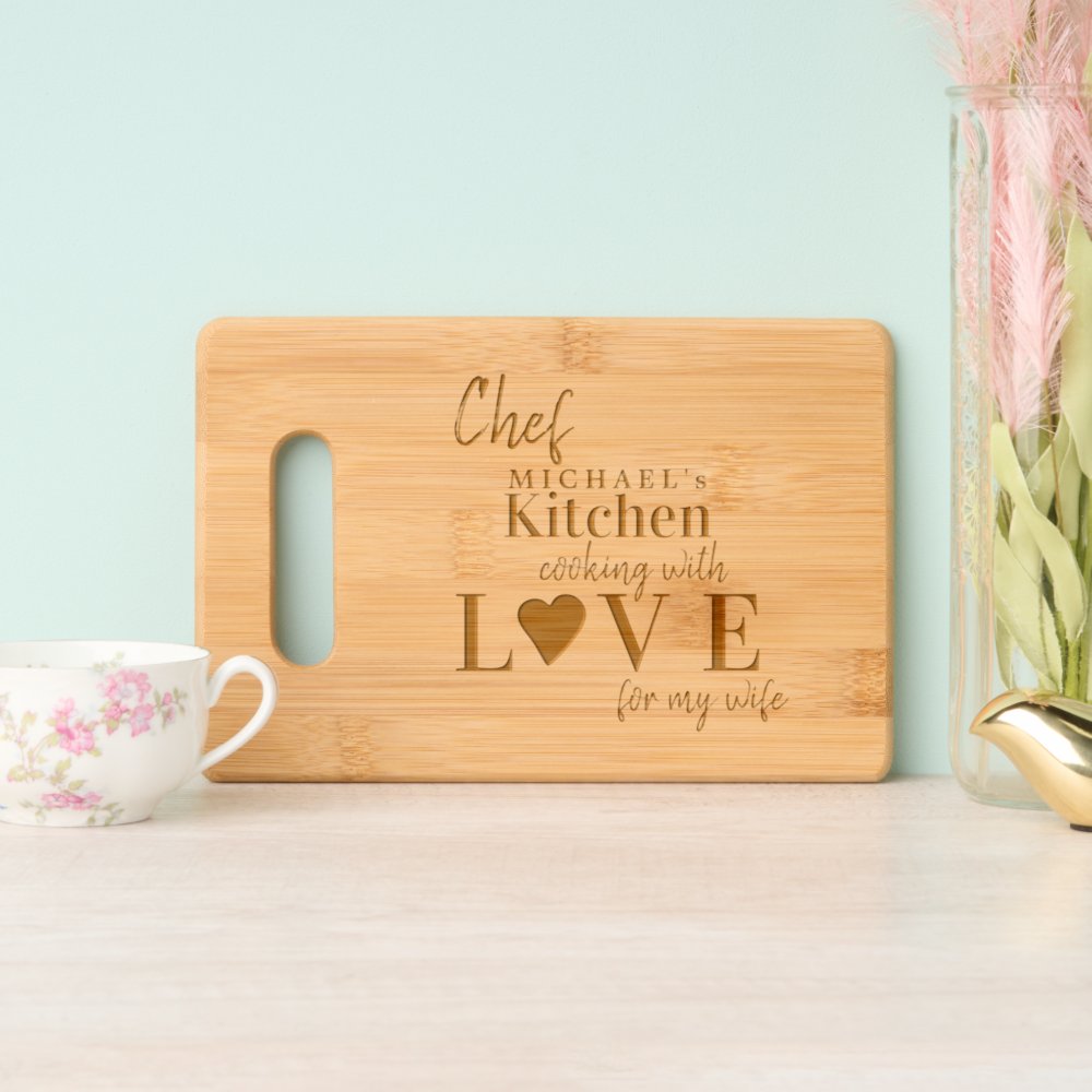 Disover Funny cute chef cooking with love custom name cutting board