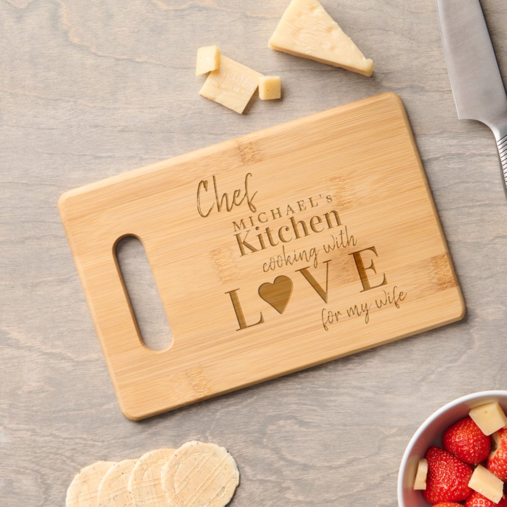 Disover Funny cute chef cooking with love custom name cutting board