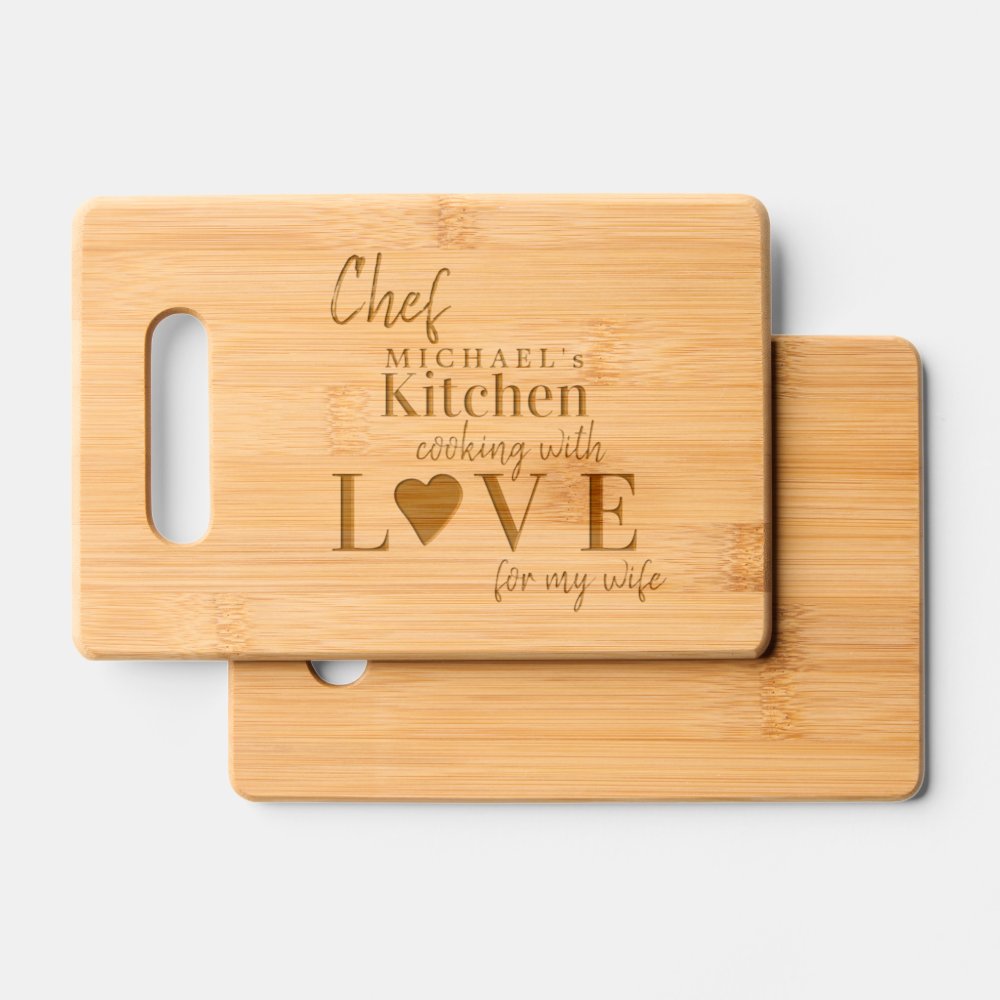 Disover Funny cute chef cooking with love custom name cutting board