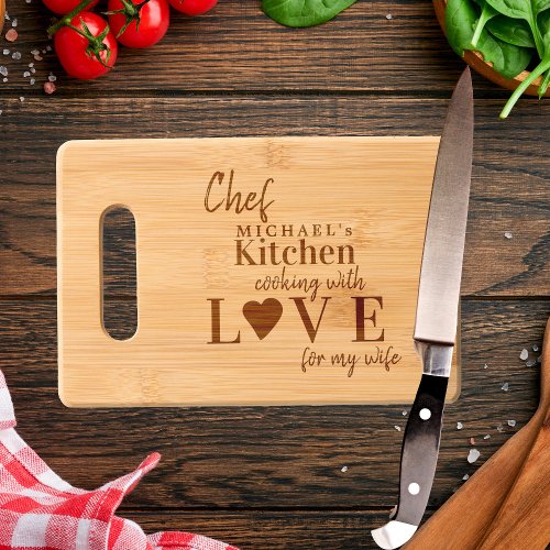 Funny cute chef cooking with love custom name cutting board