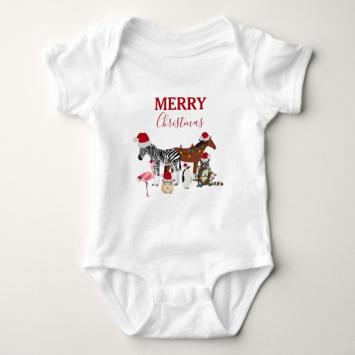 Funny Cute Christmas Animals Santa Hats Lights  Baby Bodysuit