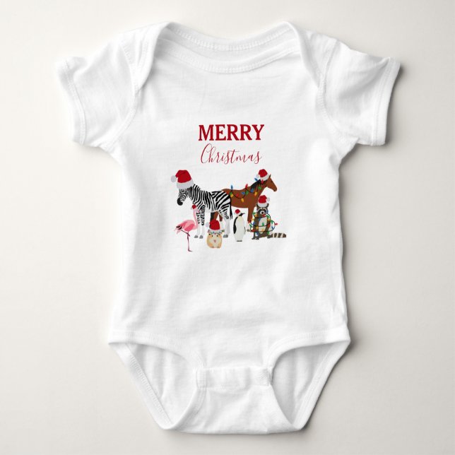 Funny Cute Christmas Animals Santa Hats Lights  Baby Bodysuit (Front)