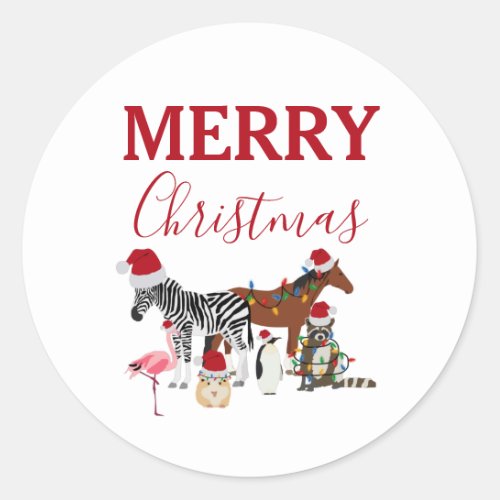 Funny Cute Christmas Animals Santa Hats Lights  Classic Round Sticker