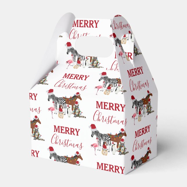 Funny Cute Christmas Animals Santa Hats Lights Favor Boxes (Front Side)