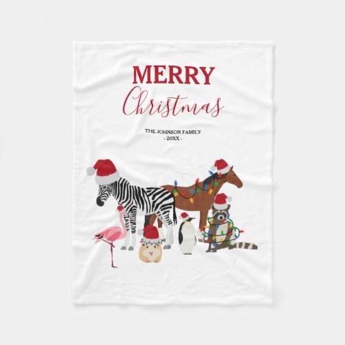 Funny Cute Christmas Animals Santa Hats Lights   Fleece Blanket