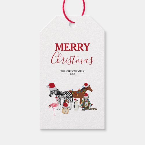 Funny Cute Christmas Animals Santa Hats Lights  Gift Tags