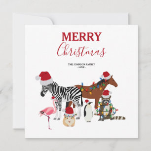Funny Cute Christmas Animals Santa Hats Lights Holiday Card