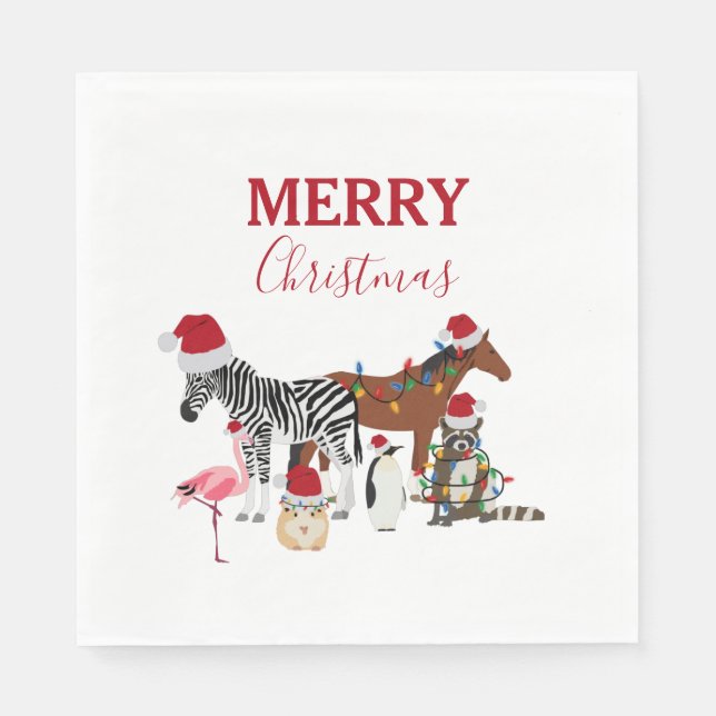 Funny Cute Christmas Animals Santa Hats Lights  Napkins (Front)