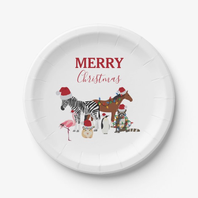 Funny Cute Christmas Animals Santa Hats Lights   Paper Plates (Front)